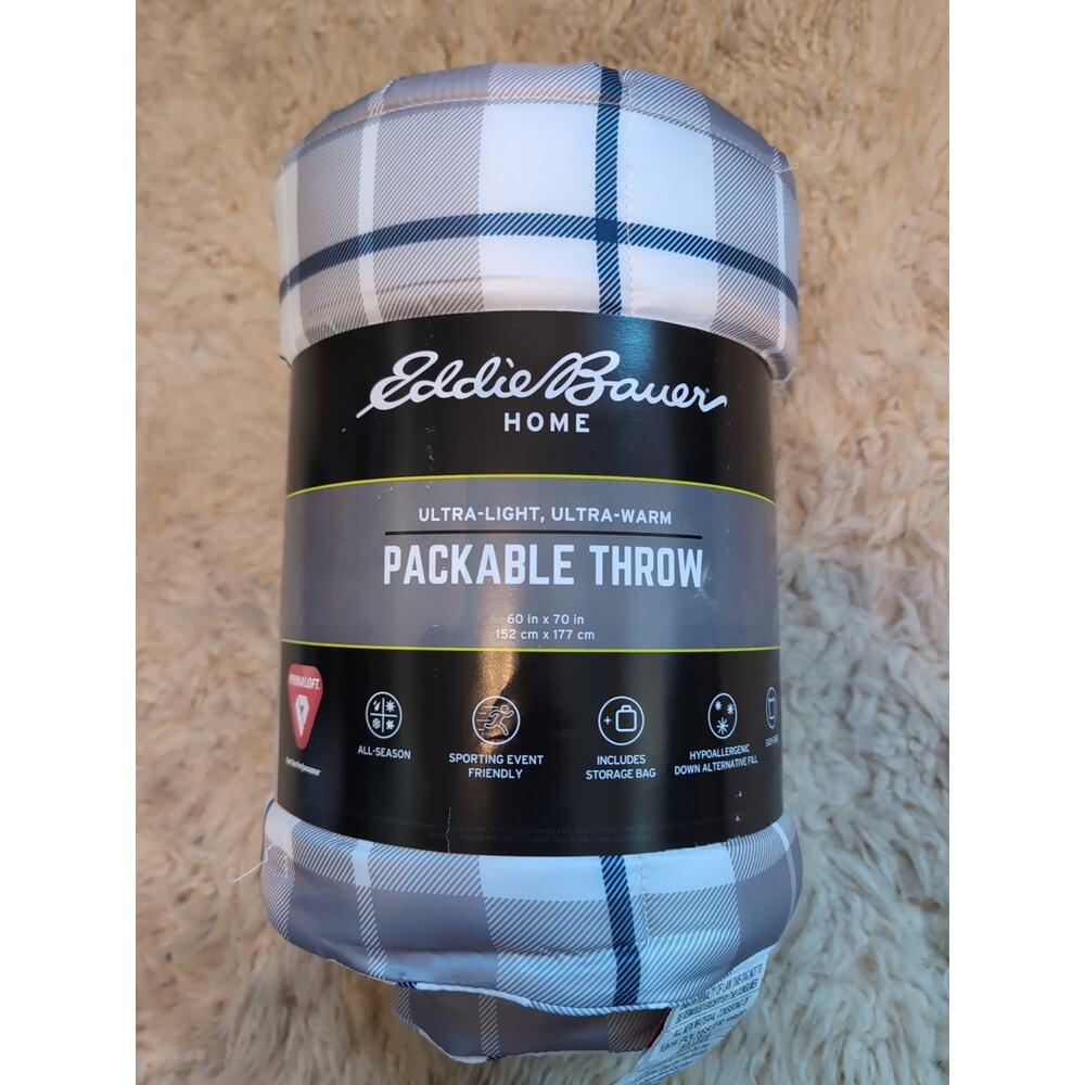 NEW Eddie Bauer Packable Throw 60 X 70 inches Gray Blue White Checked Pattern